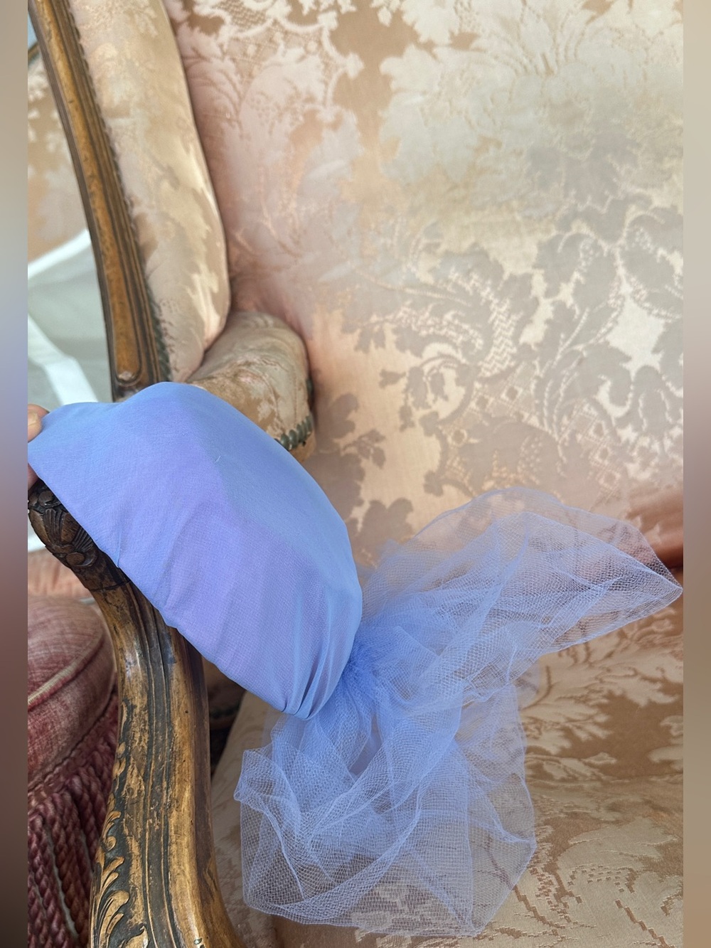 Polo or Church or costume Party fascinator Lilac color Mesh Appliqué tablet hat - Picture 3 of 16